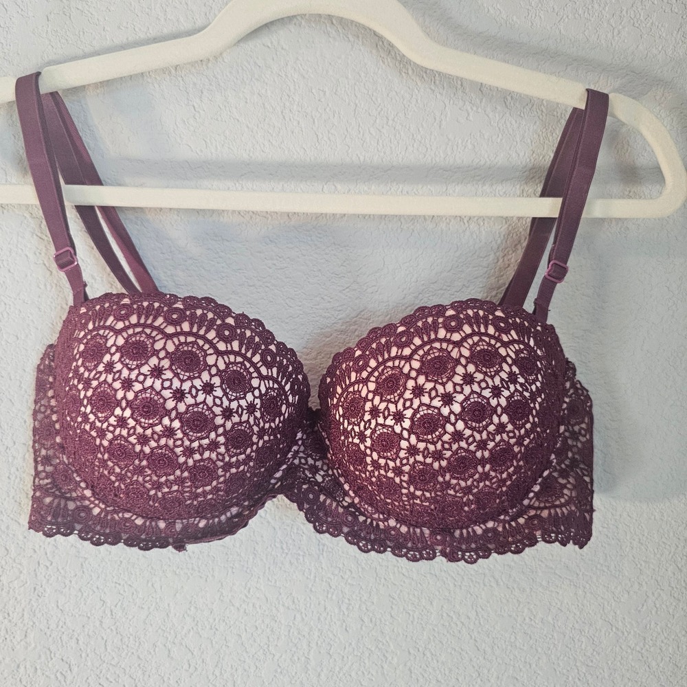 vntg Frederick's of Hollywood bra 36c‎ burgundy and mauve sexy romantic pushup